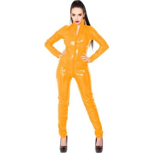 12 Colors Zipper To Crotch Catsuit Women PVC High Neck Jumpsuit Sexy Long Sleeve Skinny Catsuit Halloween Club Cosplay Clubwear