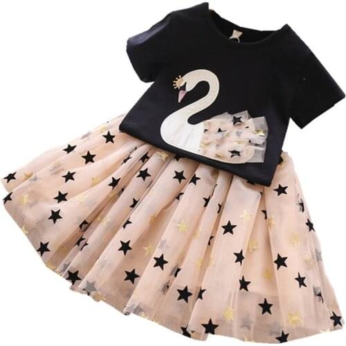 Swan Design Girl Clothes Set Cotton O-neck Tops+ Tutu Dress Cute Newborn Outfits Girls Party Princess Dresses 2 Colors Available