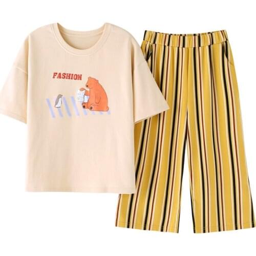 Summer Pajamas For Women Knitted Cotton Sleepwear Cartoon Pyjamas Short Sleeve Round Neck Casual Soft Big Size Pyjama Femme