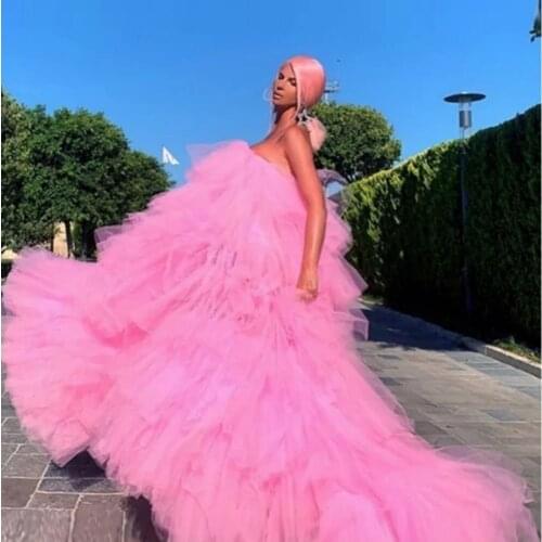 Hot sale Trendy Pink Lush Evening Party Dresses Chic Puffy Ruffle Formal Gown Layered Women Long Skirt for Prom Custom Made