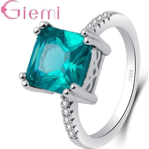 Hot Sale Women Girls Simple Jewelry 925 Sterling Silver Ring With AAA Square Clear Crystal For Party Engagement
