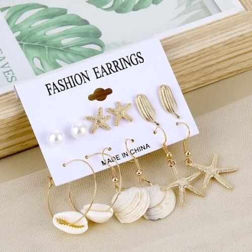 IPARAM Vintage Alloy Shell Conch Earring Set for Women Bohemian Style New Design Shell Starfish Jewelry Party Gift Wholesale