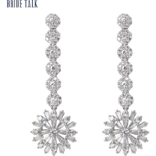 Bride Talk Snow Flower Long Drop Dangle Women Earrings Cubic Zirconia Luxury Fashion Dubai Bridal Jewelry Super Quality Gift