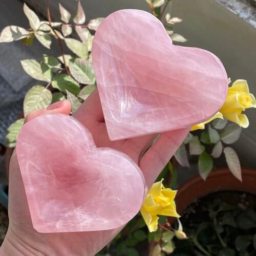 New Arrival!!!Natural Rose Quartz Stone Bowl Heart Pink Gift Crystal Figurine Chakra