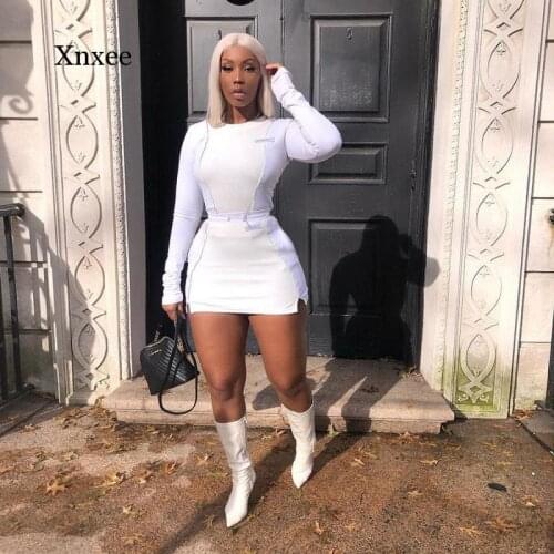 Autumn Womens Long Sleeve Top Patchwork Mini Skirt Set Two-Piece Sexy Skinny Womens Sportswear White Club Set
