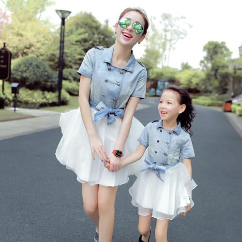Mommy and Me Mother Daughter Dresses Clothes for Wedding Tutu Skirt Mum Mom and Daughter Dress Baby Girls Denim T Shirt+ Skirt