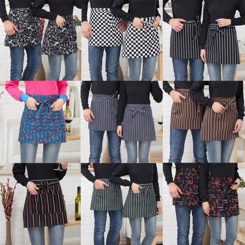Striped Plaid Half-Length Short Waist Apron with Pocket Catering Chef Waiter Bar Household Cleaning Tools & Accessories