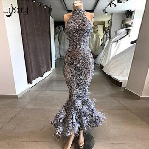 Real Picture Gray Lace Beaded Mermaid Prom Dresses Luxury Feather Formal Dress Sexy Prom Gowns Party Dress 2020