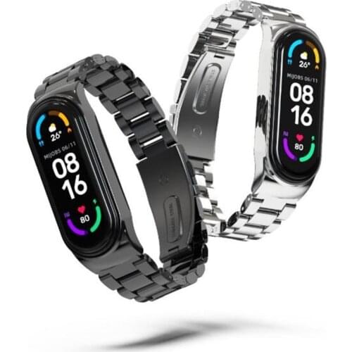 Stainless Steel Strap CS 3 Beads or Bamboo Joint Metal Universal Wristband for Xiaomi Mi Band 6/5/4/3 Smart Bracel Watchband