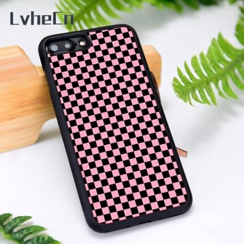 LvheCn Rubber Phone Case Cover for iPhone 6 6S 7 8 Plus X XS XR 11 12 Mini Pro Max Pink and Black Checkered Checker Board