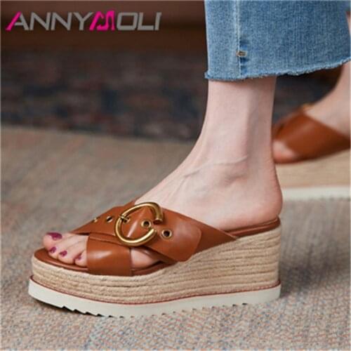 ANNYMOLI Women Slippers Shoes Real Leather Espadrille Sandals Round Toe Platform Slides Wedges High Heel Ladies Footwear Summer