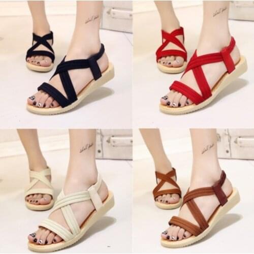 Women Solid Color Flock Cross Straps Open Toe Flat With Sandals Fashion Elastic Band Sandalen Summer Sandals Sandalias