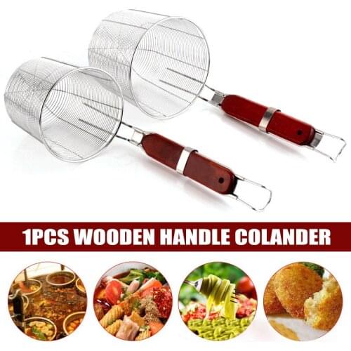 Wooden Handle Strainer Basket Stainless Steel Food Skimmer Kitchen Tool for Noodle Pasta E2S