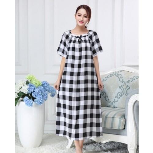 Loose Women Cotton Sleepwear Nightgown Sexy Plaid Bow Sleep Shirt Overisze XXL Girl Lingerie Home Robe Gown Elegant Night Dress