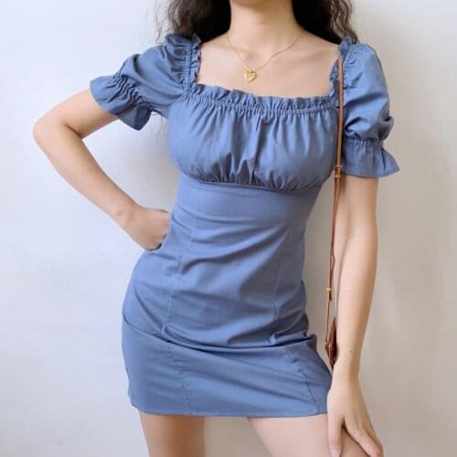 TVVOVVIN Womens Fashionable Korean Slim One-shoulder Two-Wear Puff Sleeve Waist A-line Folds Casual Dress Short Skirt AEIH