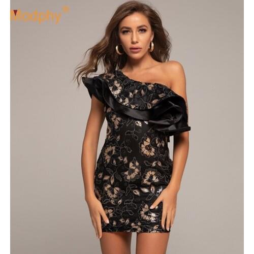 2020 Autumn New Floral Sequins Sexy Asymmetric One Shoulder Ruffle Bodycon Dress Celebrity Runway Party Mini Dress Vestidos