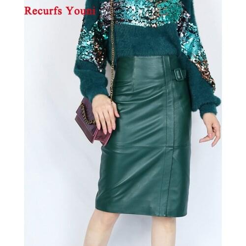 RYS9323 New Women 100% Genuine Leather Midi Skirt Ladies High Waist Slim Hip Saia OL Professional Side Belt Knee Long Split Jupe
