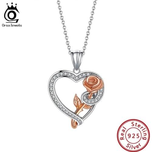 ORSA JEWELS Silver 925 Jewelry Heart and Rose Pendant Chain Necklaces for Women Fine Wedding Engagement Jewelry OSN287