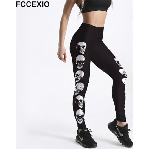 FCCEXIO 2020 New High Quaility 3D Skull Head Print Women High Waist Legging Fashion Plus Size Fitness Elastic Skeleton Leggings