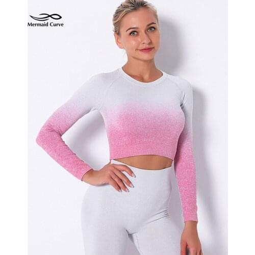 Mermaid Curve Womens gradually changing color Adapt Ombre Seamless Quick-dry Gym Clothing Long Sleeve Crop Top Fitness T-shirt