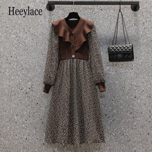 Plus Size Women French Vintage Floral Print Patchwork Knitted Dresses Autumn Winter Long Sleeve Ruffles High Waist A-line Dress