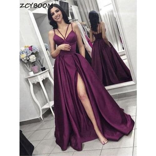 Purple Side Split Prom Dress 2021 New Women Formal Party Night Vestidos De Gala Spaghetti Straps Satin Simple Long Evening Gowns