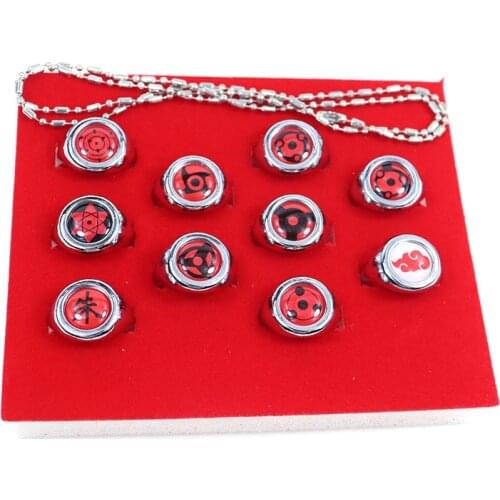 1 Set Anime Red Cloud Sharingan Ring (10pcs opening rings with box and chain) Gift