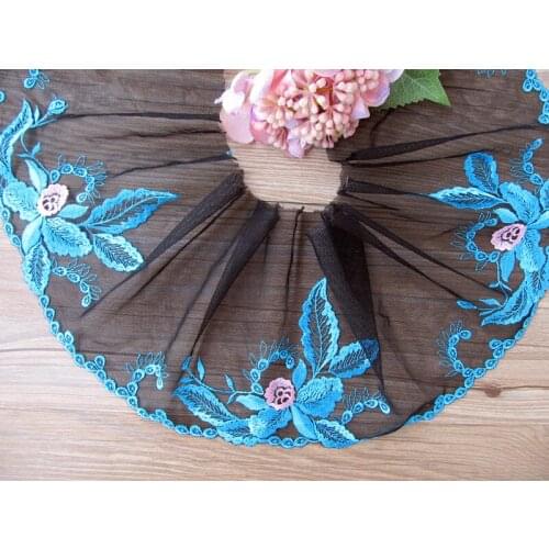 10Yards 18cm Wide Blue Floral Embroidered Lace Trim Black Tulle Fabric For Lingerie Underwear Bra Dolls Dress Decoration