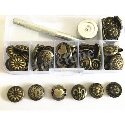 17mm 6Style 24set Metal Snap Fastener Press Stud Buttons Poppers Leather Craft Jeans Button+1set Fixing Tools Kit+Storage Box
