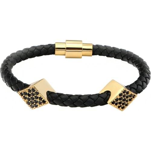 Mestylish 6mm Genuine Leather Men Women Bracelet Rhombus Slider Beads Charms Stainless Steel Magnetic Clasp Bracelete