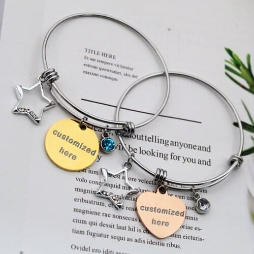 Laser Engraving Nameplate LOGO Bracelet Custom Letters Cuff Bangles Women Men Rose Gold Stainless Steel Round Heart Jewelry