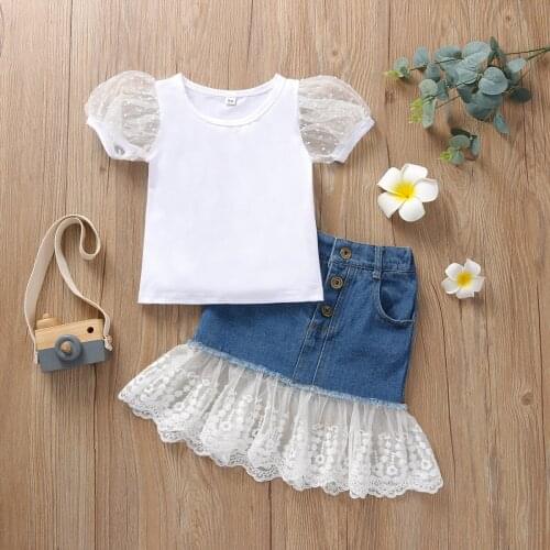 1-6Y Fashion Girl Kids Summer Clothes Sets 2pcs Puff Sleeve T Shirts Tops Lace Mesh Patchwork Skirt Clothes Outfit