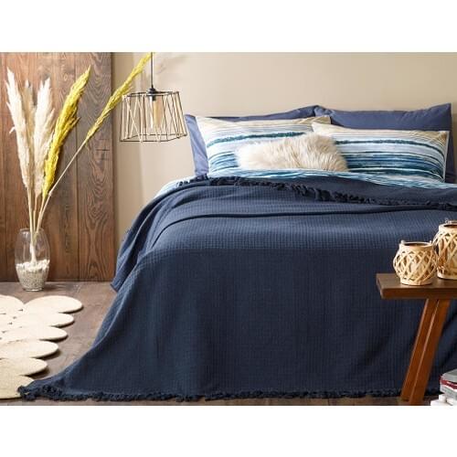 English Home Plaid cotton double bed cover 240X260 cm Navy Blue
