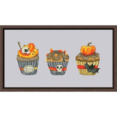 Halloween cupcakes cross stitch kits food pattern design 18ct 14ct 11ct silver canvas embroidery DIY needlework