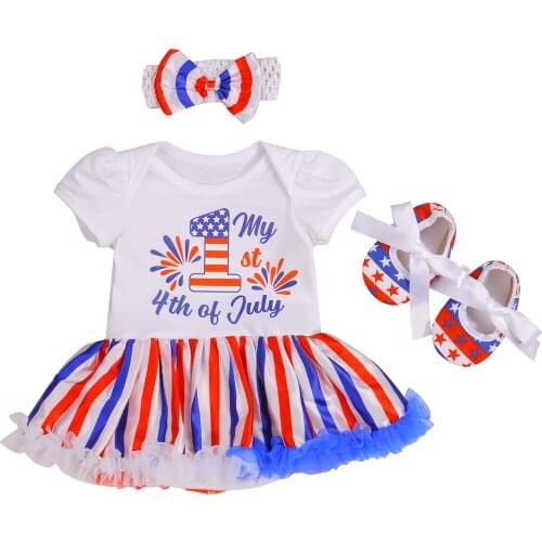 3Pcs Independence Day Print Infant Baby Girls Sets Short Sleeve Romper +Headband + Shoes Summer Baby Newborn Clothing 0-24M