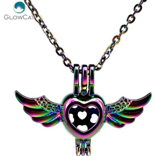 C650 COLORS Heart Wing Pearl Cage Locket Pendant 18" Stainless Steel Chain Aroma Essential Oil Diffuser Locket Necklace