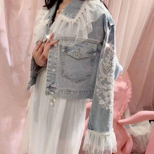 New Spring Autumn Sweet Short Denim Jacket Women Embroidery Beadings Appliques Flowers Loose Coat Female Ruffles Jackset NZ97