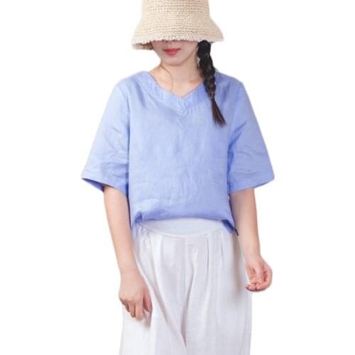 LZJN White Top 2020 Summer Womens Tunic Tops V-Neck 100% Linen Shirt Blouse Summer Short Sleeve Hi-Low Hem Shirt