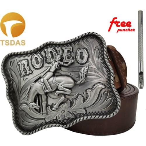 PU Belts with Rodeo Belt Buckles Silver Metal Belt Buckles for Men with Leather Belt Cowboy Gifts Buckles