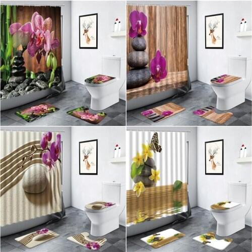 Zen Stone Flowers Garden Scenery Shower Curtains Green Bamboo Butterfly Floral Plant Bathroom Decor Non-slip Rug Bath Mats Sets