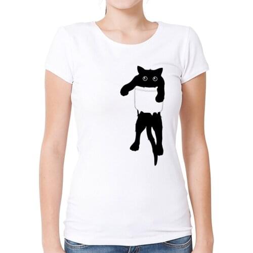 Newest 2019 Funny black cat in pocket T Shirt Summer Womens Animal Printed T-Shirt High Quality Hipster Short Sleeve Tee Tops