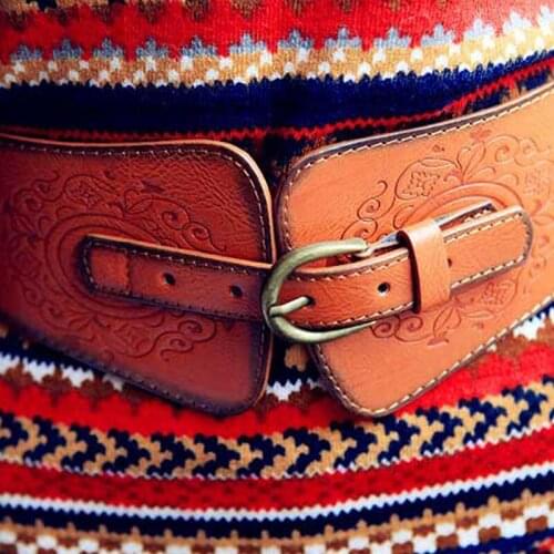 New Retro Totem Belt Women Imitation Leather Pin Buckle Wide Female Designer Fashion Brand Waist Belt Ladys Waist Docoration