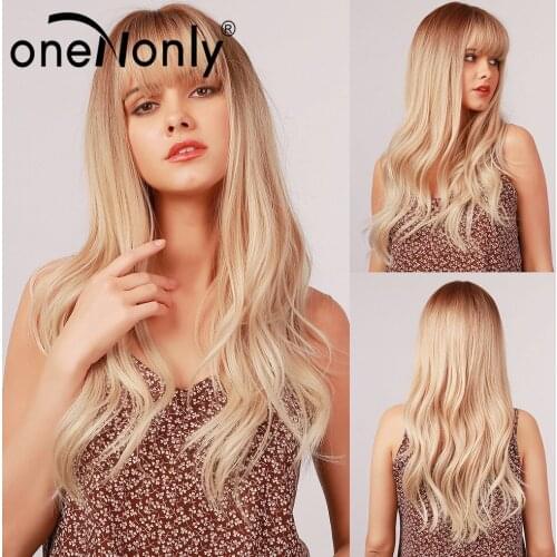 OneNonly Long Natural Wave Ombre Brown Light Blonde Synthetic Wigs with Bangs for Women Party Daily Cosplay Wig Heat Resistant