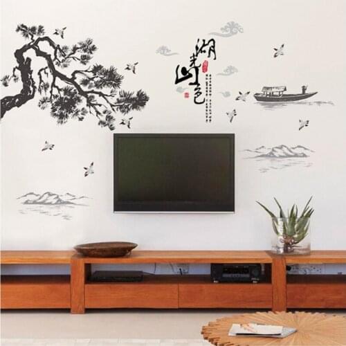 Chinese style landscape painting, TV wall Stickers, tree, boat, bird home decor, PVC art, creative wall stickers, wallpaper