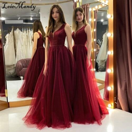 Attractive V-neck Long Prom Dresses 2021 Bright Red Dress Woman Party Night New Elegant Tulle Rochii Vestido de fiesta de boda