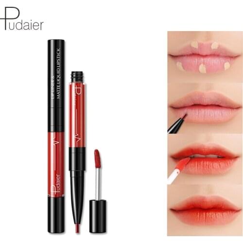 Pudaier 2 In 1 Long Lasting Matter Lip Gloss Waterproof Non-stick Cup Lip Liner Lip Gloss 16 Colors Gift for Women Party T1274