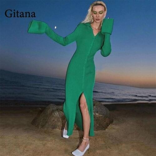Gitana Knitted Sweater Bodycon Midi Dress 2021 Women Sexy V Neck Button Up Long Sleeve Casual Party Dresses Autumn Winter