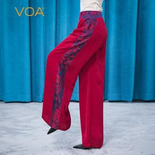 VOA Silk Chinese Style Red Jacquard Trousers KE361 Invisible Zipper Pocket Loose Temperament Elegant Wide-leg Pants for women