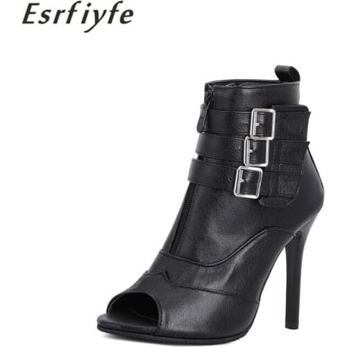 ESRFIYFE 2021 New Summer Women Ankle Boots Buckle PU Leather Super High Heel Open Toe Zipper Ladies Cool Short Boots Big Size 17
