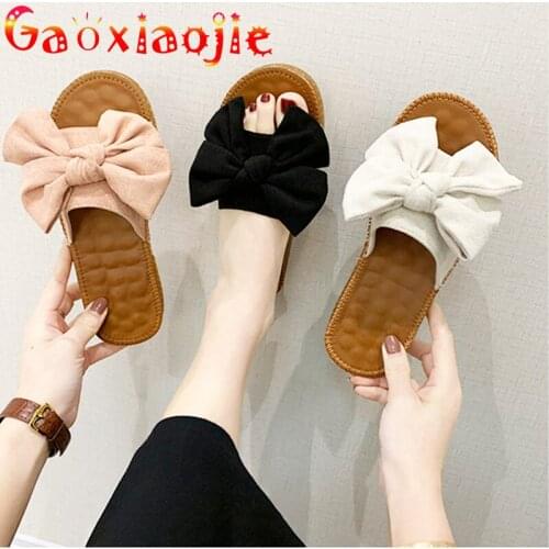 Bowknot women slippers word drag female summer Flats 2020 new tendon bottom Comfortable non-slip soft bottom sandals Lazy Shoes